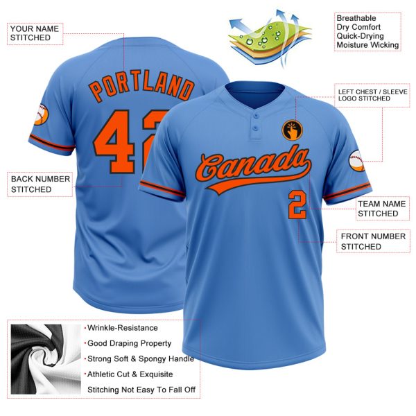 Custom Powder Blue Orange-Black Two-Button Unisex Softball Jersey - Image 3