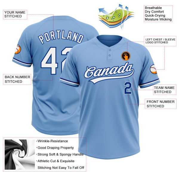Custom Light Blue White-Royal Two-Button Unisex Softball Jersey - Image 3