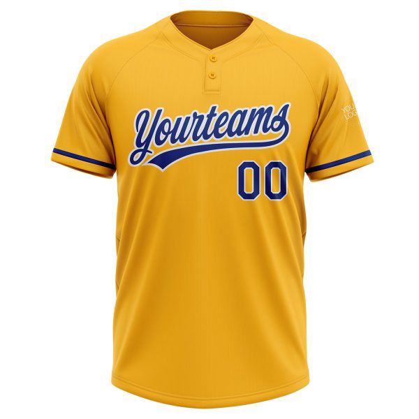 Custom Gold Royal-White Two-Button Unisex Softball Jersey - Image 2