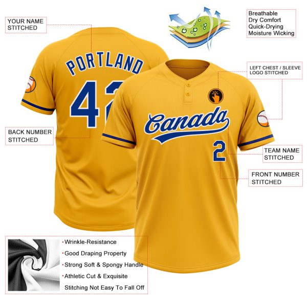 Custom Gold Royal-White Two-Button Unisex Softball Jersey - Image 3