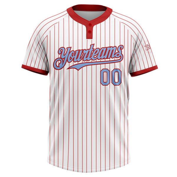 Custom White Red Pinstripe Light Blue Two-Button Unisex Softball Jersey - Image 2