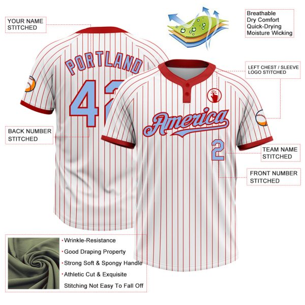 Custom White Red Pinstripe Light Blue Two-Button Unisex Softball Jersey - Image 3