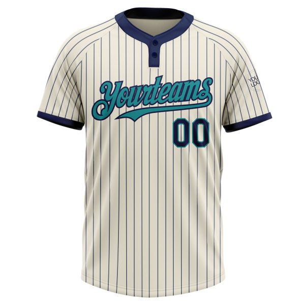 Custom Cream Navy Pinstripe Teal Two-Button Unisex Softball Jersey - Image 2