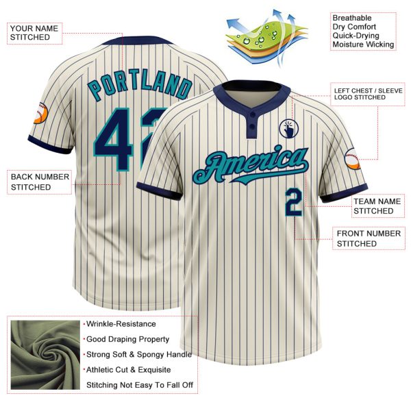 Custom Cream Navy Pinstripe Teal Two-Button Unisex Softball Jersey - Image 3