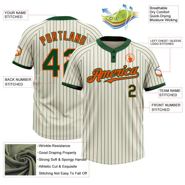 Custom Cream Green Pinstripe Orange Two-Button Unisex Softball Jersey - Image 3