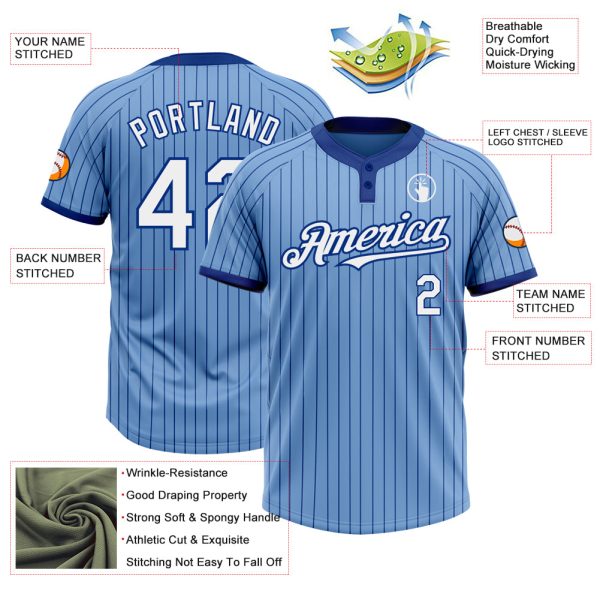 Custom Light Blue Royal Pinstripe White Two-Button Unisex Softball Jersey - Image 3