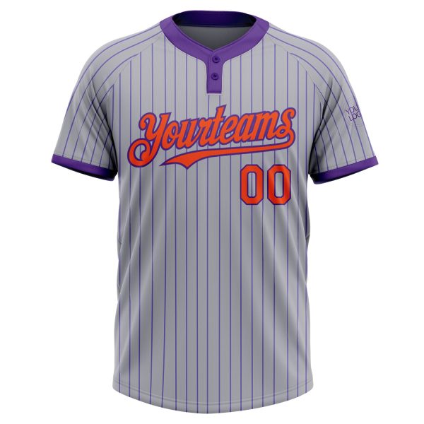 Custom Gray Purple Pinstripe Orange Two-Button Unisex Softball Jersey - Image 2
