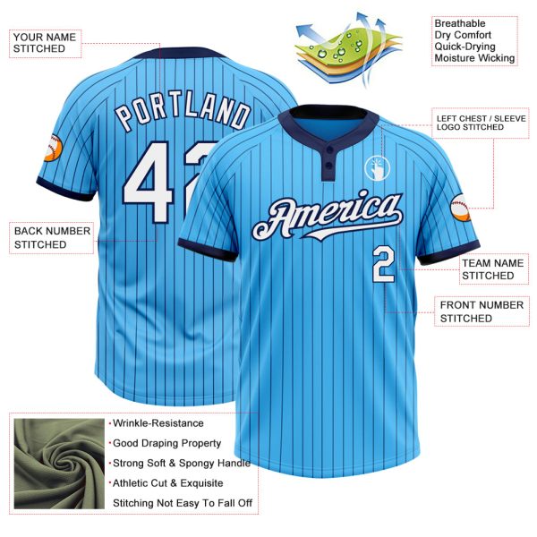 Custom Sky Blue Navy Pinstripe White Two-Button Unisex Softball Jersey - Image 3