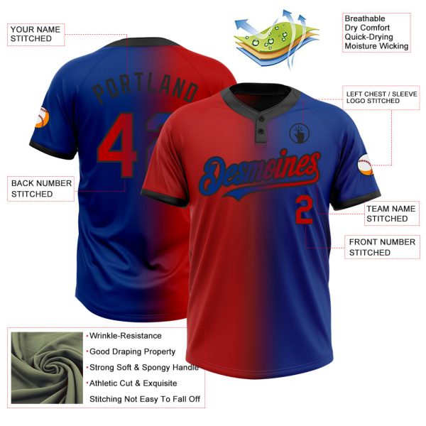 Custom Royal Red-Black Gradient Fashion Two-Button Unisex Softball Jersey - Image 3