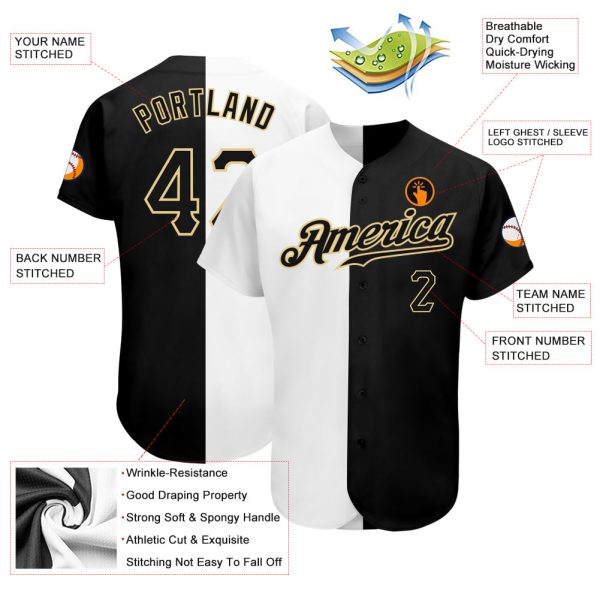 Custom White-Black Vegas Gold Authentic Split Fashion Baseball Jersey - Image 3