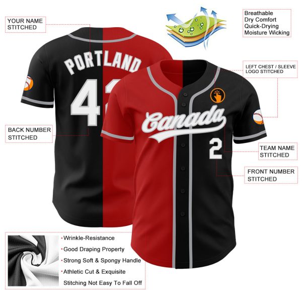 Custom Black White Red-Gray Authentic Split Fashion Baseball Jersey - Image 3