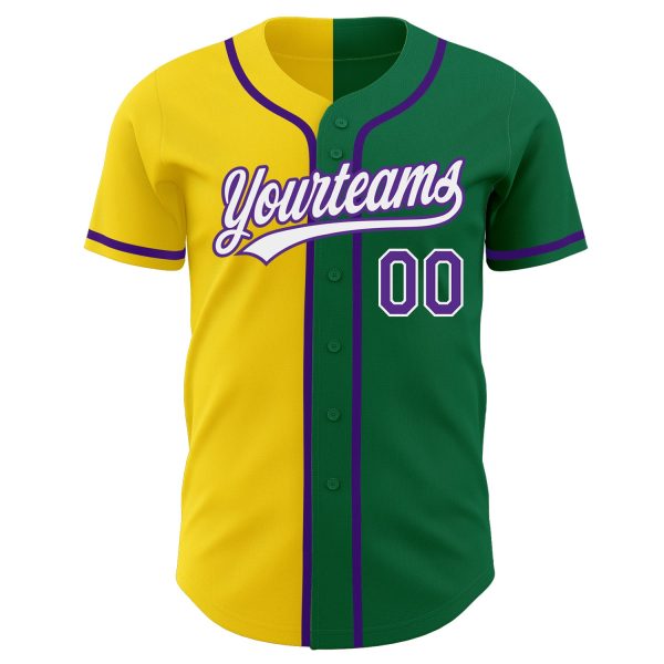 Custom Kelly Green Purple-Yellow Authentic Split Fashion Baseball Jersey - Image 2