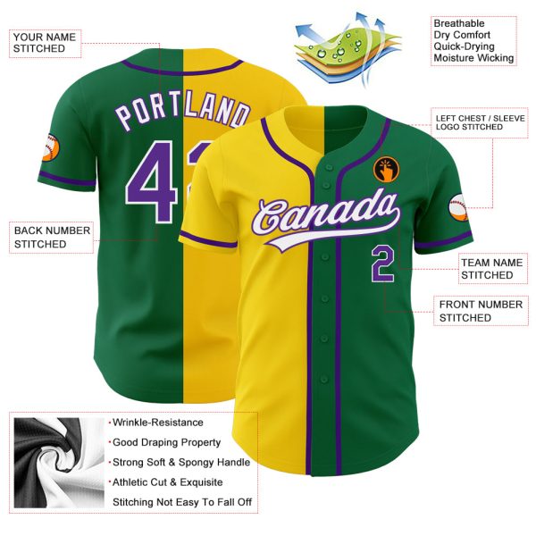 Custom Kelly Green Purple-Yellow Authentic Split Fashion Baseball Jersey - Image 3