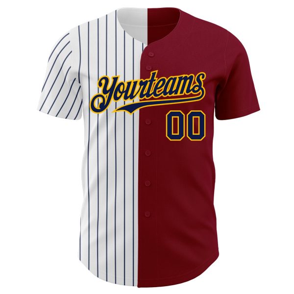 Custom Crimson Gold-Navy Pinstripe Authentic Split Fashion Baseball Jersey - Image 2