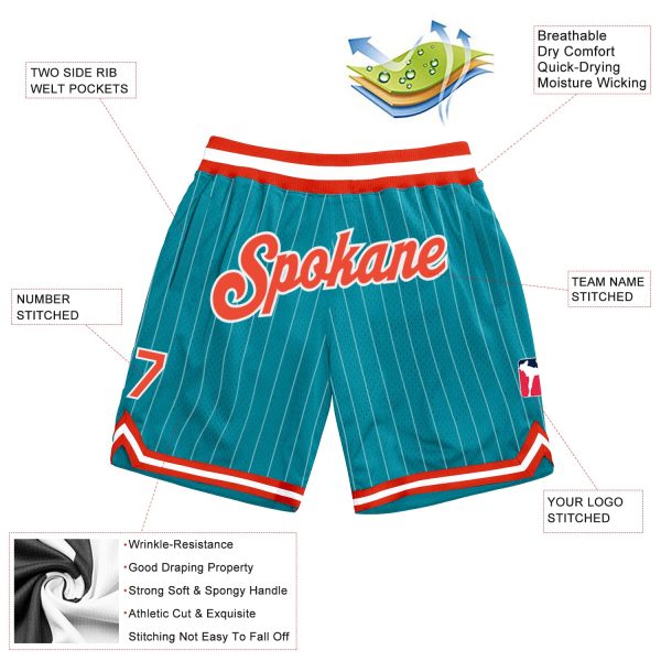 Custom Teal White Pinstripe Orange-White Authentic Basketball Shorts - Image 2