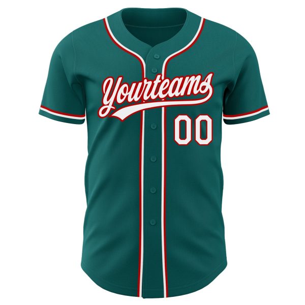 Custom Teal White-Red Authentic Baseball Jersey - Image 2