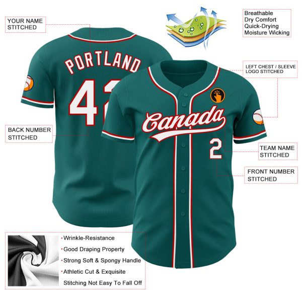 Custom Teal White-Red Authentic Baseball Jersey - Image 3