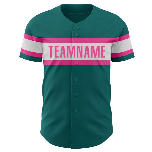 Custom Teal White-Pink Authentic Baseball Jersey - Image 2