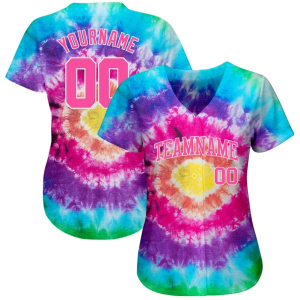 Custom Tie Dye Pink-White 3D Authentic Baseball Jersey - Image 2