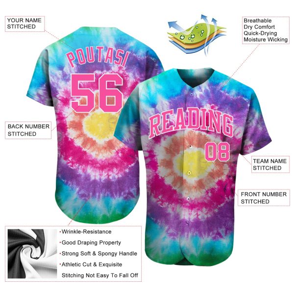 Custom Tie Dye Pink-White 3D Authentic Baseball Jersey - Image 3