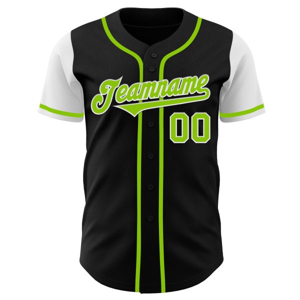 Custom Black Neon Green-White Authentic Two Tone Baseball Jersey - Image 2