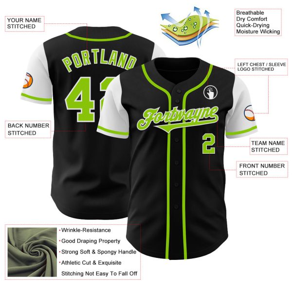 Custom Black Neon Green-White Authentic Two Tone Baseball Jersey - Image 3