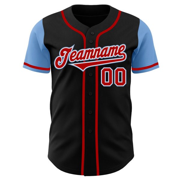 Custom Black Red-Light Blue Authentic Two Tone Baseball Jersey - Image 2
