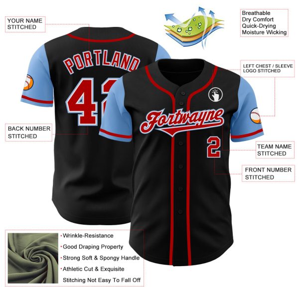 Custom Black Red-Light Blue Authentic Two Tone Baseball Jersey - Image 3