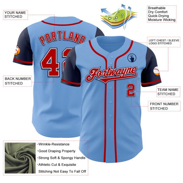 Custom Light Blue Red-Navy Authentic Two Tone Baseball Jersey - Image 3