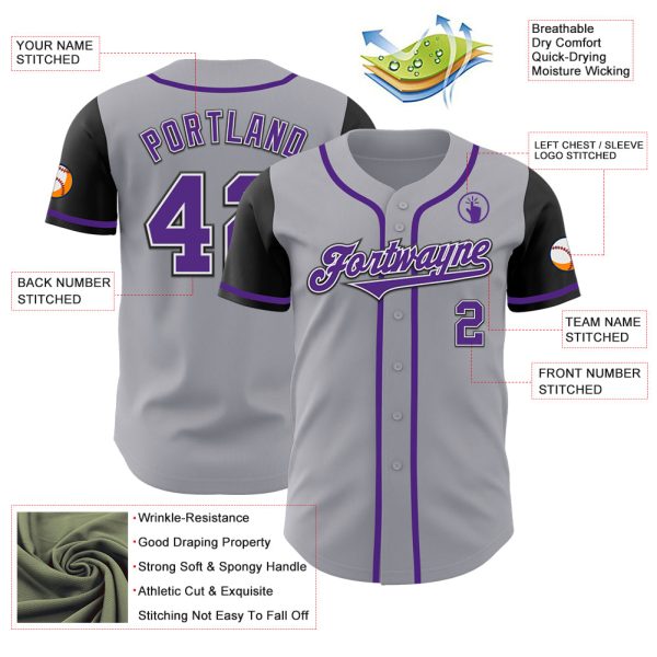 Custom Gray Purple-Black Authentic Two Tone Baseball Jersey - Image 3