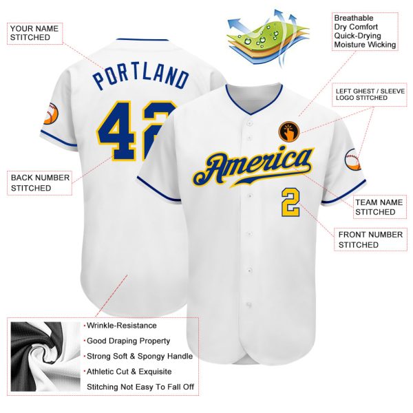 Custom White Royal-Gold Authentic Baseball Jersey - Image 3