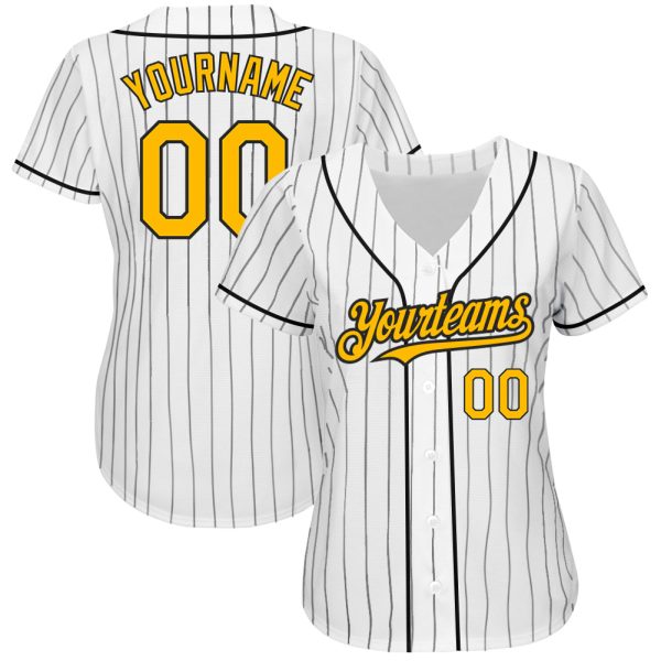 Custom White Black Pinstripe Gold Authentic Baseball Jersey - Image 2