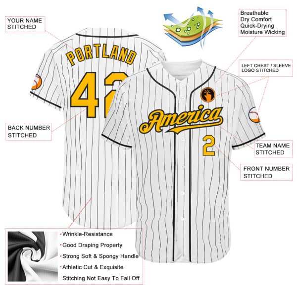 Custom White Black Pinstripe Gold Authentic Baseball Jersey - Image 3