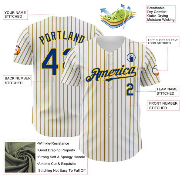 Custom White (Royal Yellow Pinstripe) Royal-Yellow Authentic Baseball Jersey - Image 3