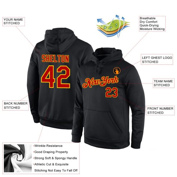 Custom Stitched Black Red-Gold Sports Pullover Sweatshirt Hoodie - Image 4