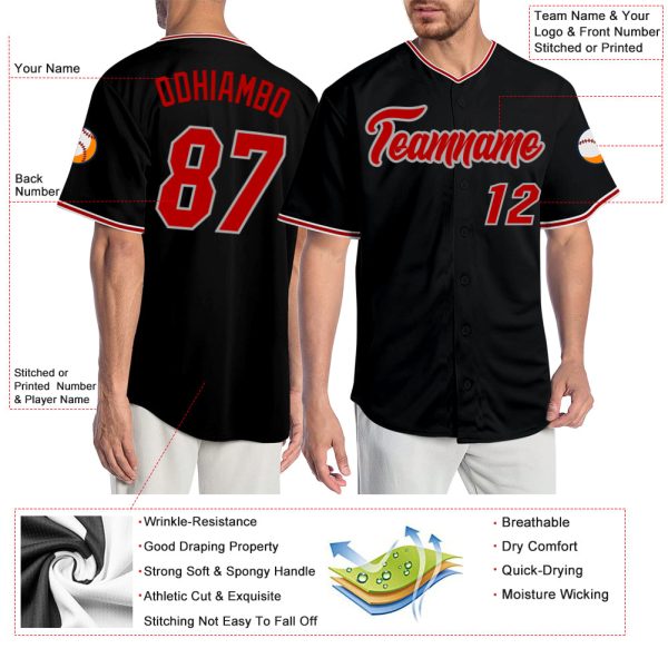 Custom Black Red-Gray Authentic Baseball Jersey - Image 3