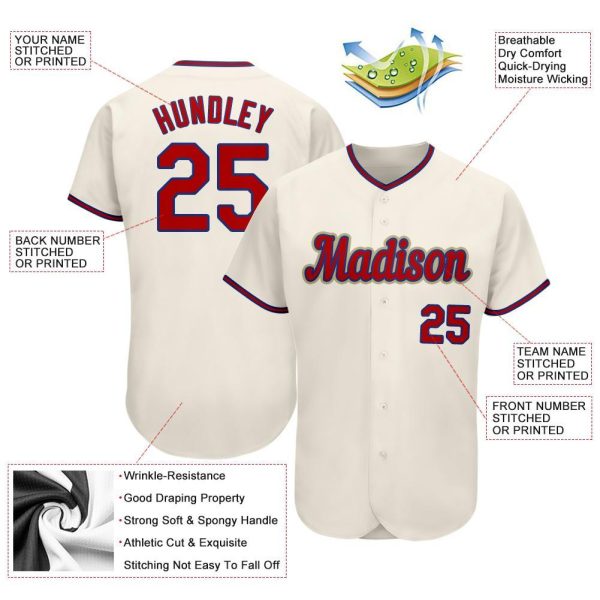 Custom Cream Red-Royal Authentic Baseball Jersey - Image 3