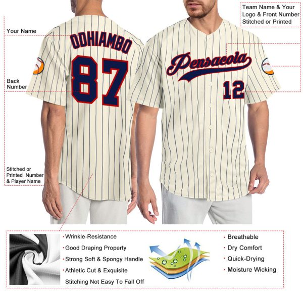 Custom Cream Navy Pinstripe Navy-Red Authentic Baseball Jersey - Image 3