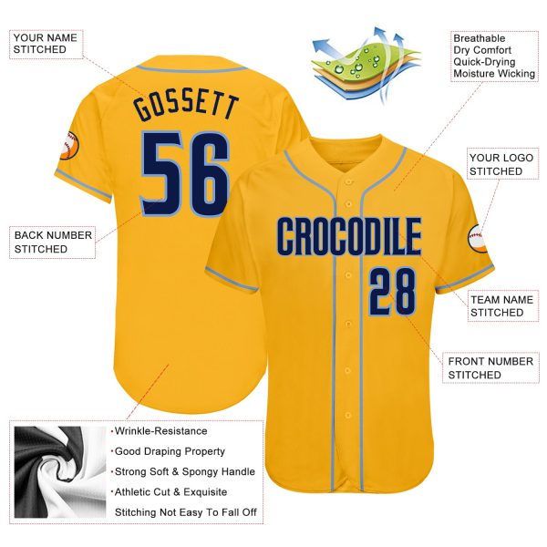 Custom Gold Navy-Light Blue Authentic Baseball Jersey - Image 3