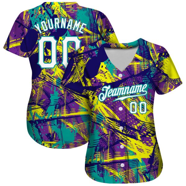Custom Graffiti Abstract Urban Pattern White-Teal 3D Authentic Baseball Jersey - Image 2