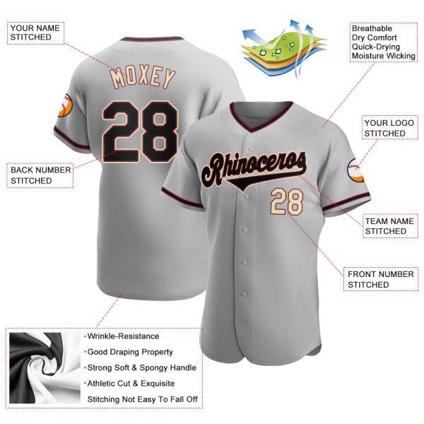 Custom Gray Black-City Cream Authentic Baseball Jersey - Image 3