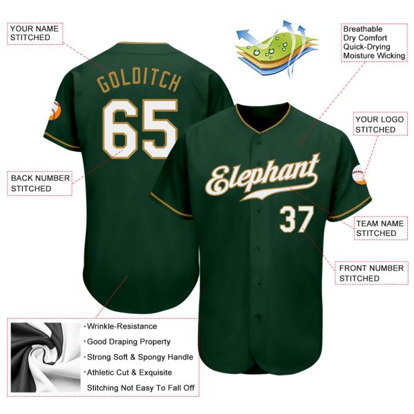 Custom Green White-Old Gold Authentic Baseball Jersey - Image 3