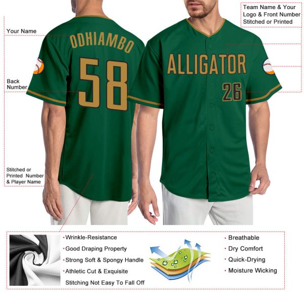 Custom Kelly Green Old Gold-Black Authentic Baseball Jersey - Image 3