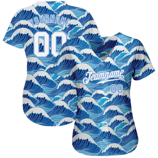 Custom Light Blue White-Light Blue 3D Pattern Design Waves Authentic Baseball Jersey - Image 2