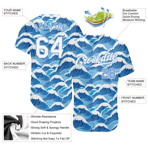 Custom Light Blue White-Light Blue 3D Pattern Design Waves Authentic Baseball Jersey - Image 3