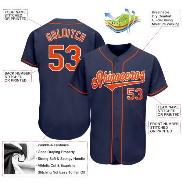 Custom Navy Orange-White Authentic Baseball Jersey - Image 3