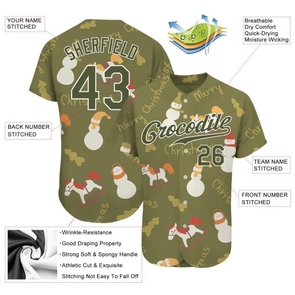 Custom Olive Olive-White Christmas 3D Authentic Salute To Service Baseball Jersey - Image 3