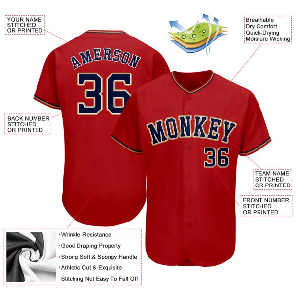 Custom Red Navy-Old Gold Authentic Baseball Jersey - Image 3
