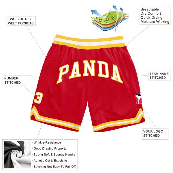 Custom Red White-Gold Authentic Throwback Basketball Shorts - Image 2