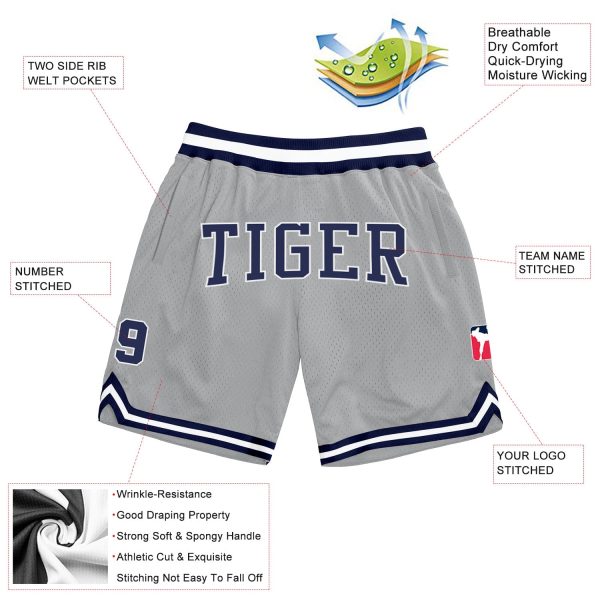 Custom Gray Navy-White Authentic Throwback Basketball Shorts - Image 2